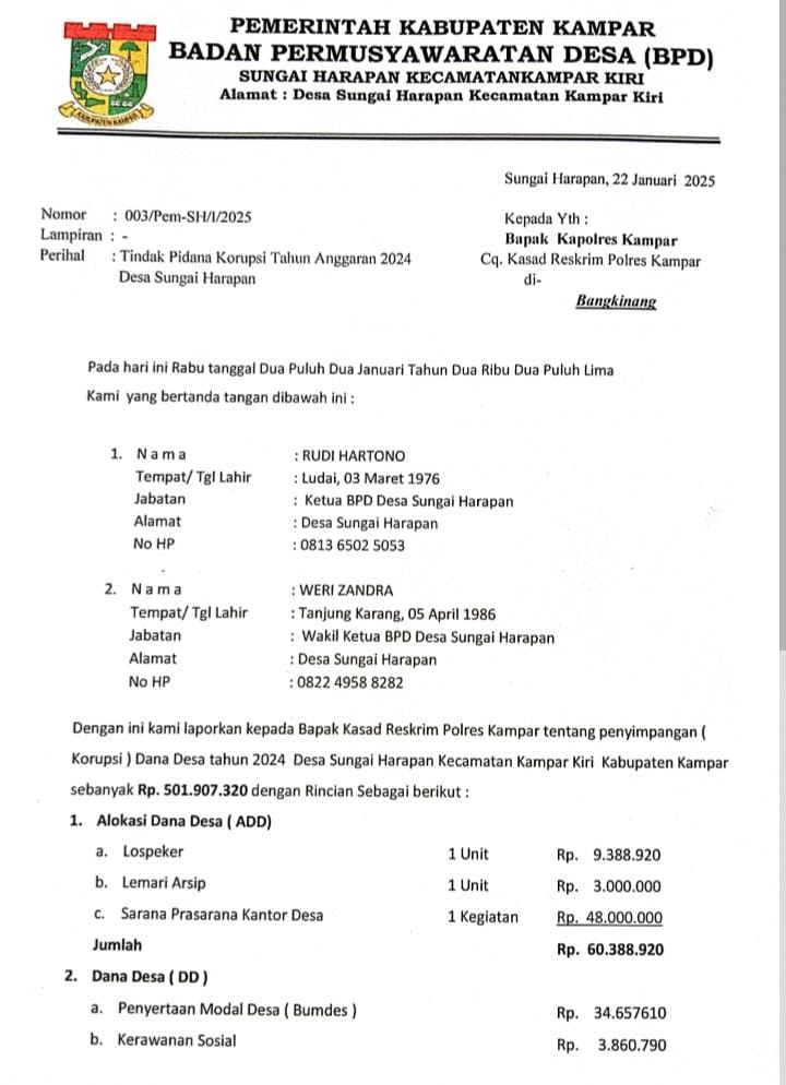Kades Sungai Harapan Diduga Terlibat Korupsi Dana Desa Tahun 2024, Kerugian Ditaksir Rp500 Juta Lebih